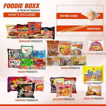 FOODIE BOXX Asian Instant Ramen Noodles Variety Pack with Cookies & Chopsticks (Original)