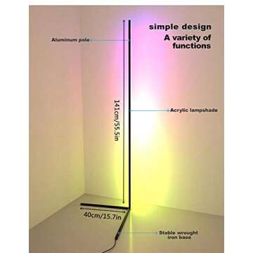 Lonruis LED Floor Corner Lamp Music Sync RGB Color Changing Multi Color Standing Modern Tube Light 20W 55” with Remote Blutetooth Dimmable for Bedroom Living Game Party Decoration Atmosphere
