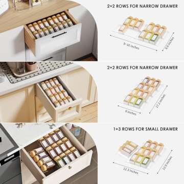 Spice Drawer Organizer, 6 Pcs Clear Acrylic In Drawer Seasoning Jars Rack, Expandable From 8" to 16" Kitchen Cabinets/Countertop Drawer Spice Rack Tray (Fit Small Drawer)