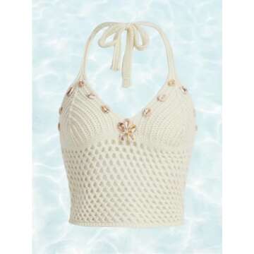 Verdusa Women's Hollow Out Shell Appliques Cami Tie Back Knit Crop Halter Top Beige S