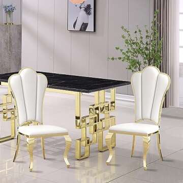 Mcltopz White Leather Dining Chairs Set of 6, Mid Century Modern Dining Chairs with Gold Stainless S...