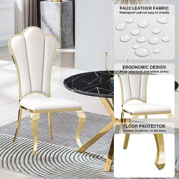 Mcltopz White Leather Dining Chairs Set of 6, Mid Century Modern Dining Chairs with Gold Stainless Steel Leg & Elegant Petal High Back, Leather Upholstered Dining Chairs for Kitchen Dining Room Chairs