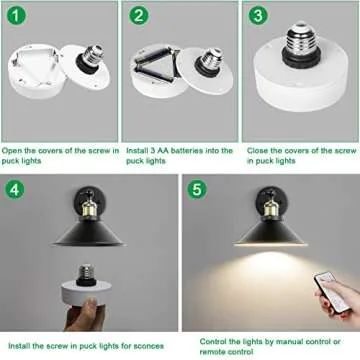 AIBOO Screw in Puck Lights, E26 Puck Lights with Remote, 2 Pack Battery Powered Puck Lights with Screw in Base for Non-Hardwired Wall Sconces Fixtures (Batteries Not Included)