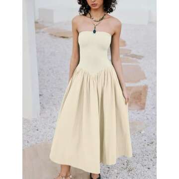 Loafawes Women's Off The Shoulder Strapless Sundress Summer Casual Hot Shot Long Flowy Dress for Vacation,Party Apricot