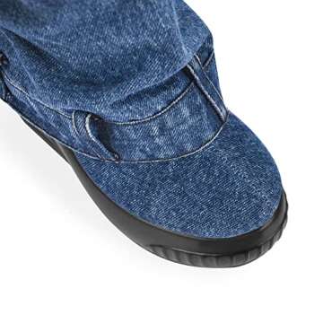 Yolkomo Denim Boots for Women Wide Calf High Wedge Heel Fold Over Platform Boots Denim Jean Y2K Punk Goth Wedge Boots Closed Round Toe Zipper Lock Knee High Shark Boots Blue Size 7