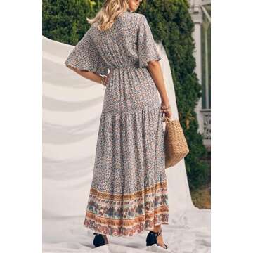 PRETTYGARDEN Women's Casual Summer Boho Floral Print Dress V Neck Short Sleeve High Waist Long Maxi ...