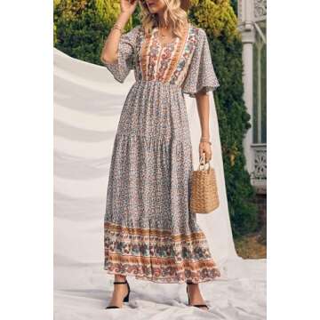 PRETTYGARDEN Women's Casual Summer Boho Floral Print Dress V Neck Short Sleeve High Waist Long Maxi Beach Dresses (White Floral,Medium)