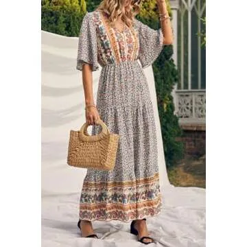 PRETTYGARDEN Women's Casual Summer Boho Floral Print Dress V Neck Short Sleeve High Waist Long Maxi Beach Dresses (White Floral,Medium)