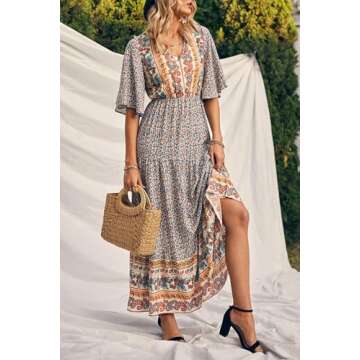 PRETTYGARDEN Women's Casual Summer Boho Floral Print Dress V Neck Short Sleeve High Waist Long Maxi Beach Dresses (White Floral,Medium)