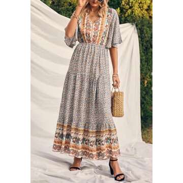 PRETTYGARDEN Women's Casual Summer Boho Floral Print Dress V Neck Short Sleeve High Waist Long Maxi Beach Dresses (White Floral,Medium)