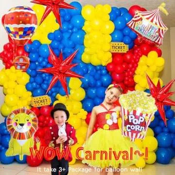 Carnival Red Blue Yellow Balloon garland kit Primary Color and Lion & Popcorn & Hot Air Balloon Rain...