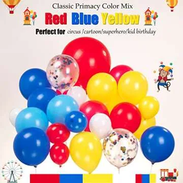 Carnival Red Blue Yellow Balloon garland kit Primary Color and Lion & Popcorn & Hot Air Balloon Rainbow Confetti Balloons for Circus Theme birthday Party Decorations