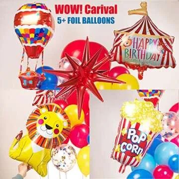 Carnival Red Blue Yellow Balloon garland kit Primary Color and Lion & Popcorn & Hot Air Balloon Rainbow Confetti Balloons for Circus Theme birthday Party Decorations