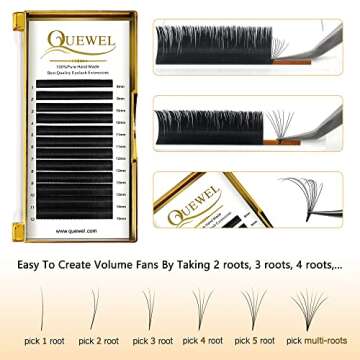 QUEWEL Volume Eyelash Extensions | 0.03-0.12mm | C/CC/D/DD Curl | 8-25mm Length | Easy Fan Volume Lashes 2D-20D Self Fanning Volume Lashes 0.07C Mix-8-15mm Long Lasting Blooming Lashes(0.07C Mix8-15)