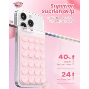 Klearlook Magnetic Suction Phone Mount for MagSafe Case, Silicone Sticky Phone Grip Holder for iPhone 16/15/14/13/12 Series, Removable Hands-Free Video/Selfie, Women Girl Teen Gift, Light Pink