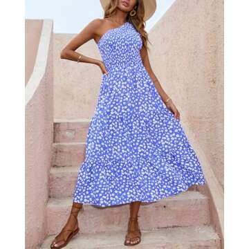 BTFBM 2025 Summer One Shoulder Dresses for Women Casual Sleeveless High Waist Floral Flowy Smocked B...