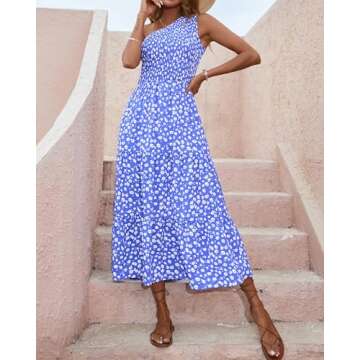 BTFBM 2025 Summer One Shoulder Dresses for Women Casual Sleeveless High Waist Floral Flowy Smocked Boho Beach Maxi Dress(Floral Blue White, Small)