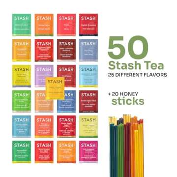 Stash 70pcs Tea Bags Variety Pack – 25x2 Flavors with 20 Honey Sticks, Perfect Tea Gift Set for An...
