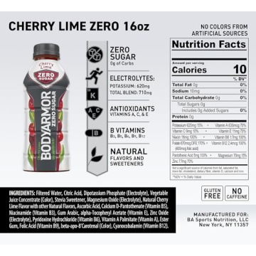 BODYARMOR ZERO Sugar Cherry Lime, Sugar Free Sports Drink - Low-Calorie Hydration - Natural Flavors with Potassium Packed Electrolytes, Antioxidants, and B-vitamins, 16 fl oz (pack of 12)