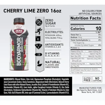 BODYARMOR ZERO Sugar Cherry Lime, Sugar Free Sports Drink - Low-Calorie Hydration - Natural Flavors with Potassium Packed Electrolytes, Antioxidants, and B-vitamins, 16 fl oz (pack of 12)