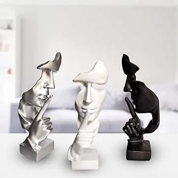Silence is Golden Thinker Statue - 28cm Modern and Creative Abstract Sculpture of Keep Silent Man Statue Figurine for Home Living Room Office Desk Decor (White)