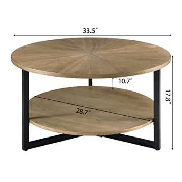 33.5" Round Coffee Table with 2-Tier Storage, Farmhouse Living Room Cocktail Table with Black Metal ...