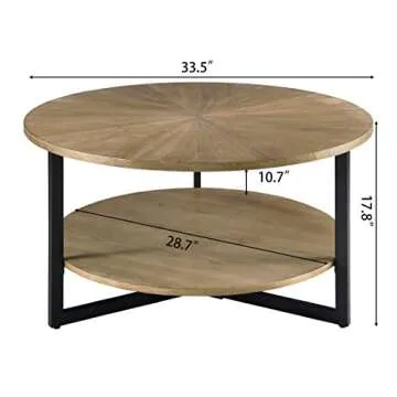 33.5" Round Coffee Table with 2-Tier Storage, Farmhouse Living Room Cocktail Table with Black Metal ...