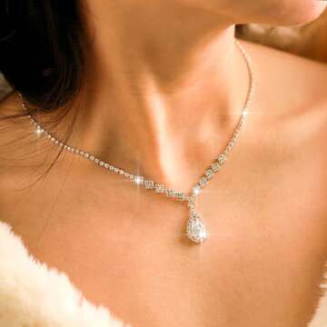 Aukmla Bride Wedding Necklace Earrings Set Silver Rhinestones Necklaces Bridal Crystal Jewelry Acces...