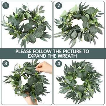Thinkday 4 Pcs Candle Rings Artificial Eucalyptus Leaves Wreath Small Boho Wreath Pillar Candle Holder for Spring Summer Wedding Home Door Tabletop Decoration