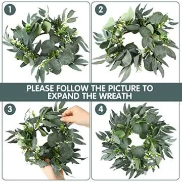 Thinkday 4 Pcs Candle Rings Artificial Eucalyptus Leaves Wreath Small Boho Wreath Pillar Candle Holder for Spring Summer Wedding Home Door Tabletop Decoration