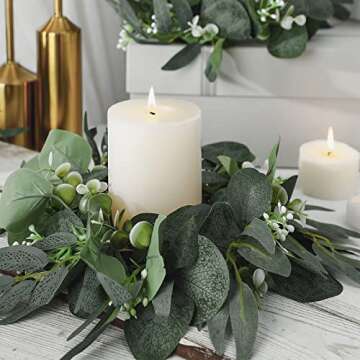 Thinkday 4 Pcs Candle Rings Artificial Eucalyptus Leaves Wreath Small Boho Wreath Pillar Candle Holder for Spring Summer Wedding Home Door Tabletop Decoration