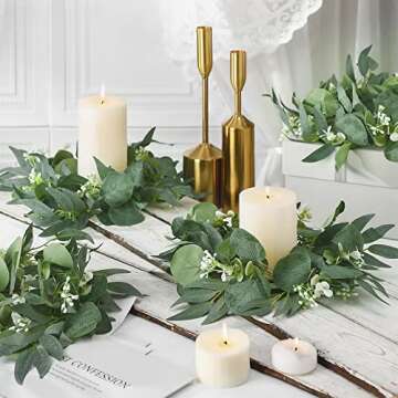 Thinkday 4 Pcs Candle Rings Artificial Eucalyptus Leaves Wreath Small Boho Wreath Pillar Candle Holder for Spring Summer Wedding Home Door Tabletop Decoration