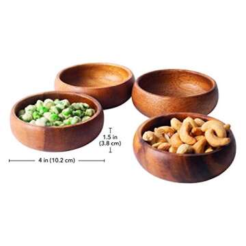 Glaver's Natural Acacia Wooden Bowls Hand-Carved Calabash Dip Tray Bowl S/4 Ideal for Appetizers, Di...
