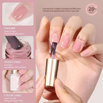 GAOY Jelly Nude Pink Gel Nail Polish Set, 6 Transparent Sheer Colors Soak Off UV Light Cure Gel Polish Kit for Salon and Nail Art DIY at Home