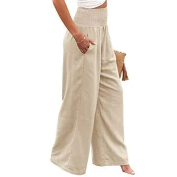 Vansha Women Summer High Waisted Cotton Linen Palazzo Pants Wide Leg Long Lounge Pant Trousers with Pocket Beige S