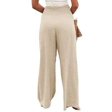 Vansha Women Summer High Waisted Cotton Linen Palazzo Pants Wide Leg Long Lounge Pant Trousers with Pocket Beige S