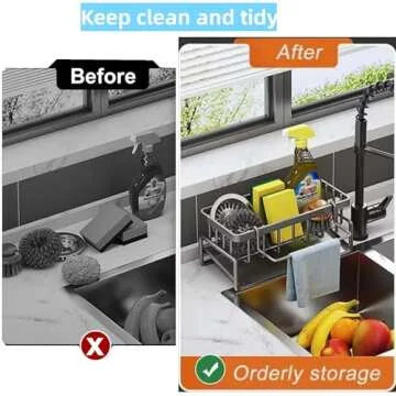 VILCEN Sponge Holder for Kitchen Sink, Sink Caddy with Dishcloth Holder Self Drain Tray, Rustproof Kitchen Sink Organizer for Sponge, Soap Dispenser Kitchen Organizers Storage (Gray)