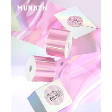 MUNBYN 2" Circle Holographic Thermal Label Stickers Pink, Round Printable Rainbow Glitter Thermal Pr...