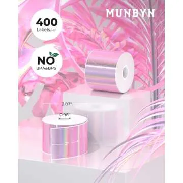 MUNBYN 2" Circle Holographic Thermal Label Stickers Pink, Round Printable Rainbow Glitter Thermal Printer Sticker Labels for Gift Wrapping, Self-Adhesive Name Price Tag DIY Custom Logo Design