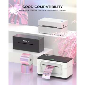 MUNBYN 2" Circle Holographic Thermal Label Stickers Pink, Round Printable Rainbow Glitter Thermal Printer Sticker Labels for Gift Wrapping, Self-Adhesive Name Price Tag DIY Custom Logo Design