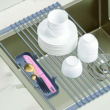 XL Extra Large Expandable Roll Up with Storage Basket 22.8" x 12.7" Over Sink Dish Drying Rack Multi-Purpose Kitchen Rolling Dish Drainer Foldable Stainless Steel Dish Drying Rack for Kitchen