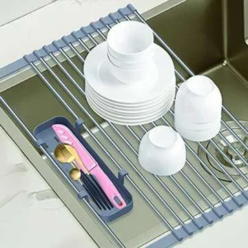 XL Extra Large Expandable Roll Up with Storage Basket 22.8" x 12.7" Over Sink Dish Drying Rack Multi-Purpose Kitchen Rolling Dish Drainer Foldable Stainless Steel Dish Drying Rack for Kitchen
