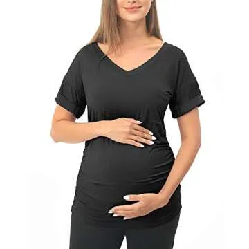 Rnxrbb Long Enough Maternity Shirts Short Sleeve Summer Pregnancy Tops& Tees Clothes V Neck Casual Outfits for Women 3 Pack,Stripe Black Blue L