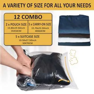12 Hand Roll Up Compression Travel Bags-Space Saver Bags for Luggage and Cruises (5 Large, 5 Medium, 2 Small), No Vacuum Needed