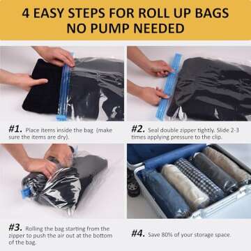 12 Hand Roll Up Compression Travel Bags-Space Saver Bags for Luggage and Cruises (5 Large, 5 Medium, 2 Small), No Vacuum Needed