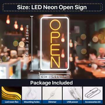 Sugarneon LED Neon Open Sign, 16.5x 9 Open Sign for Business, Powered by USB with ONOFF Switch, Adjustable Brightness Neon Lights for Party Bar Salon Coffee Stores Hotel Wall Decor Neon Light Sign