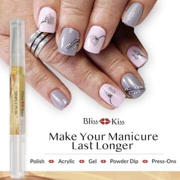 Bliss Kiss | 4 Vanilla Fragrance Nail Oil Cuticle Pens w/Vitamin E & Jojoba⏤Nail Strengthener Nail Growth Serum for Brittle Peeling Breaking Thin Nails