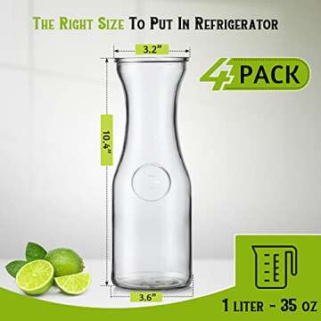 NETANY Set of 4 Glass Carafe with Lid, 1 Liter Beverage Serveware Carafe, Clear Glass Pitcher for Mi...