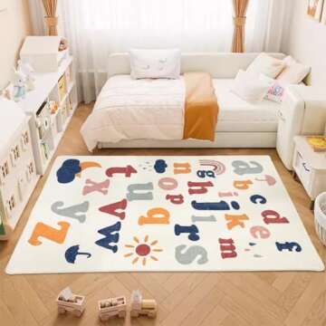ABREEZE Play Mat, Faux Wool Kids Play Area Rugs 4' x 5.3' Non-Slip Childrens Carpet ABC Number Educational Learning & Game Decor Living Room Bedroom Playroom Nursery Best Shower Gift