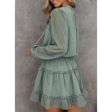 Dokotoo Womens Cute Spring Summer Casual Sexy Deep V Neck Ruffle Chiffon Boho Bell Long Sleeve Elegant Pom Pom Boho Empire Waist Flowy Mini Short Skater Dresses for Women Party 2024 Green Small